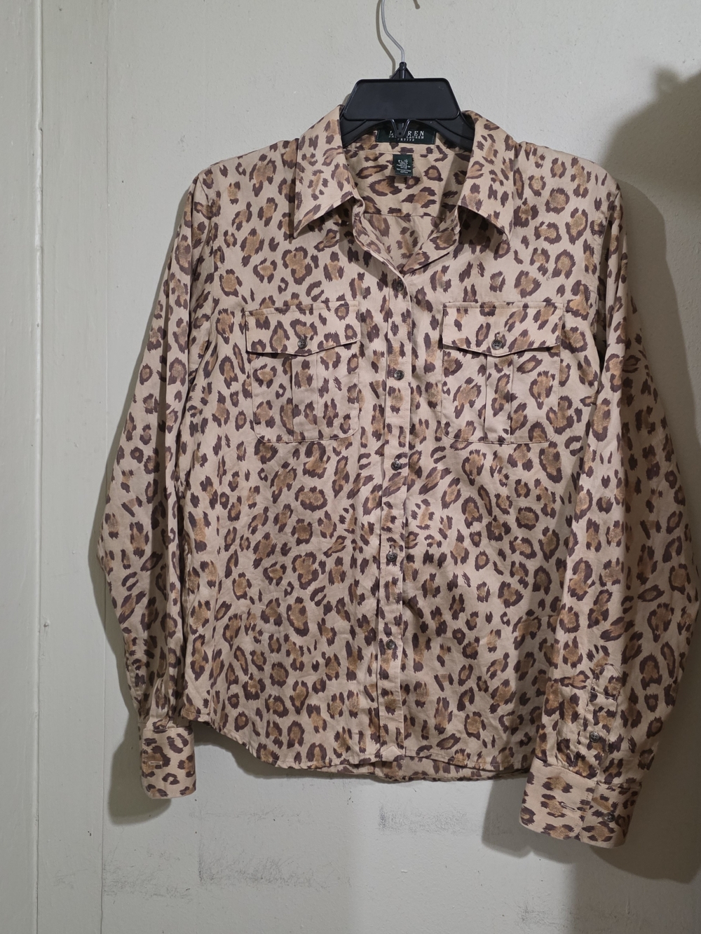 Ralph Laurwnt PL Petite Large Button Front Shirt Leopard Print Used